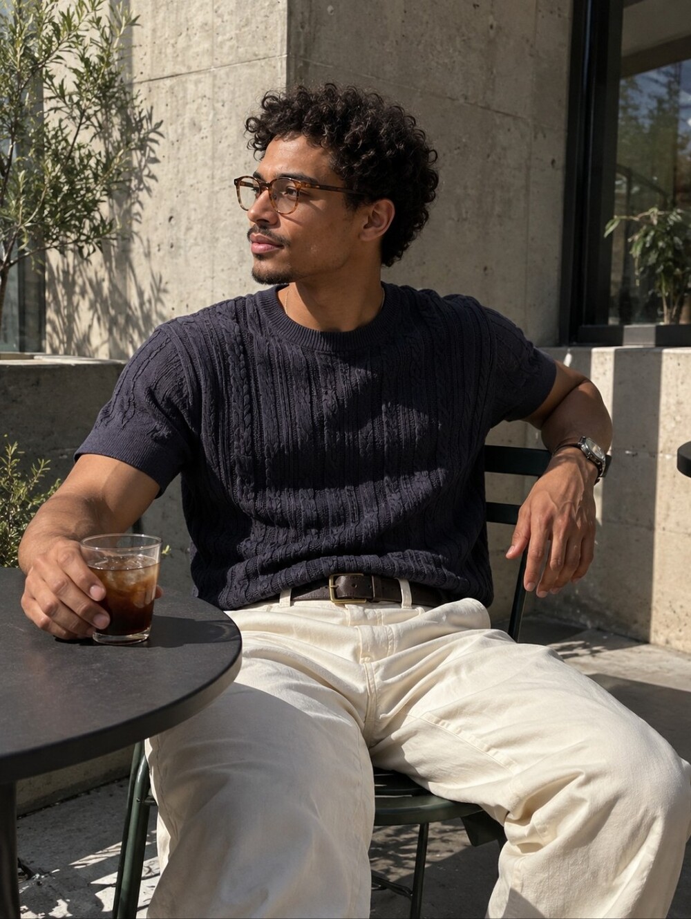 Lindbergh Navy Cotton Cable Knit Short Sleeve Sweater Relaxed Fit